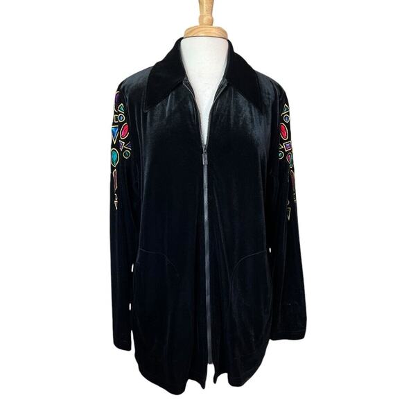Bob Mackie Sz M Black Velvet Embroidered Jewel Jacket Zip Front Wearable Art - Picture 1 of 6